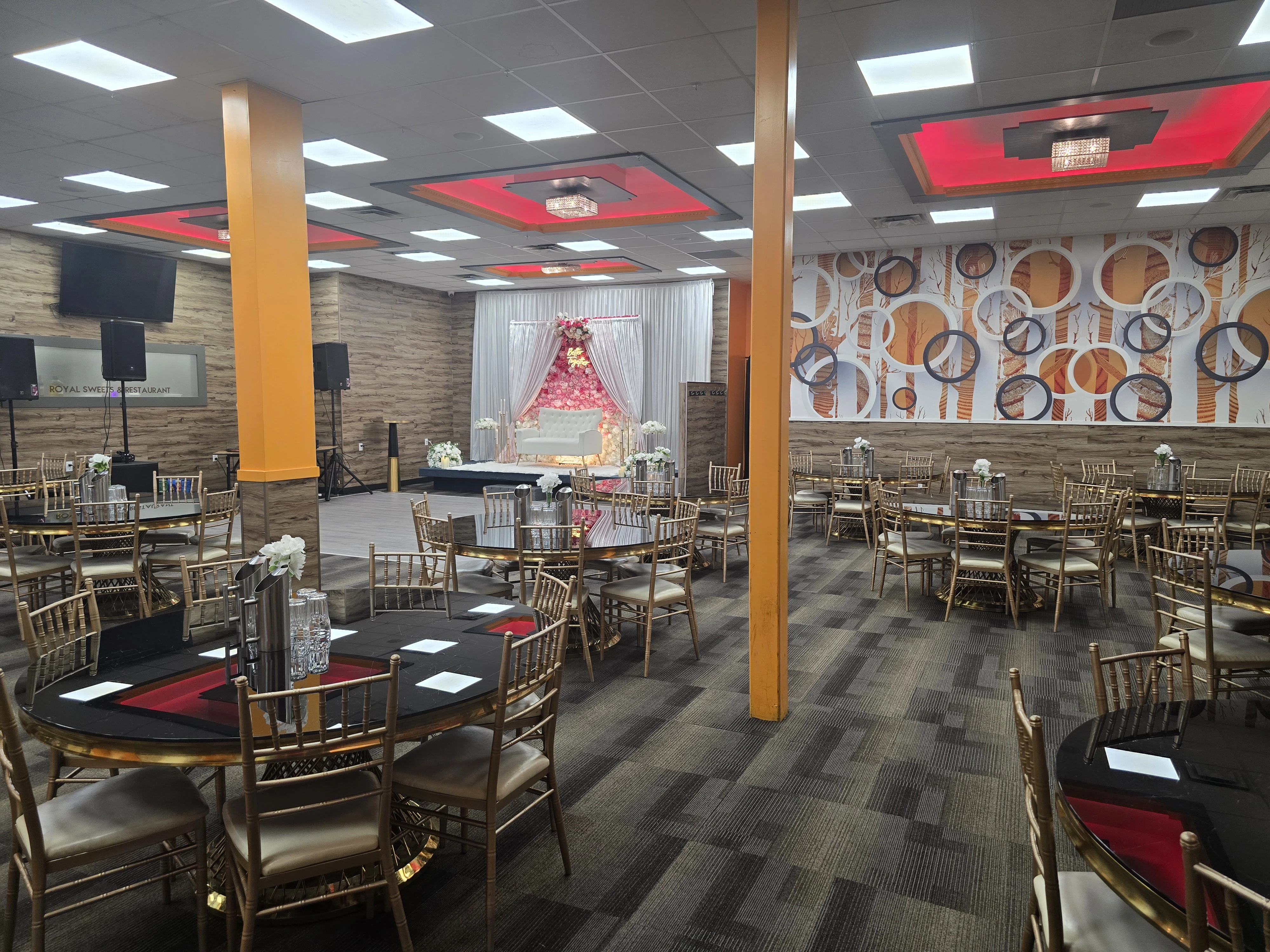 Banquet hall seating arrangement for a wedding or party at Royal Sweets And Restaurant Edmonton