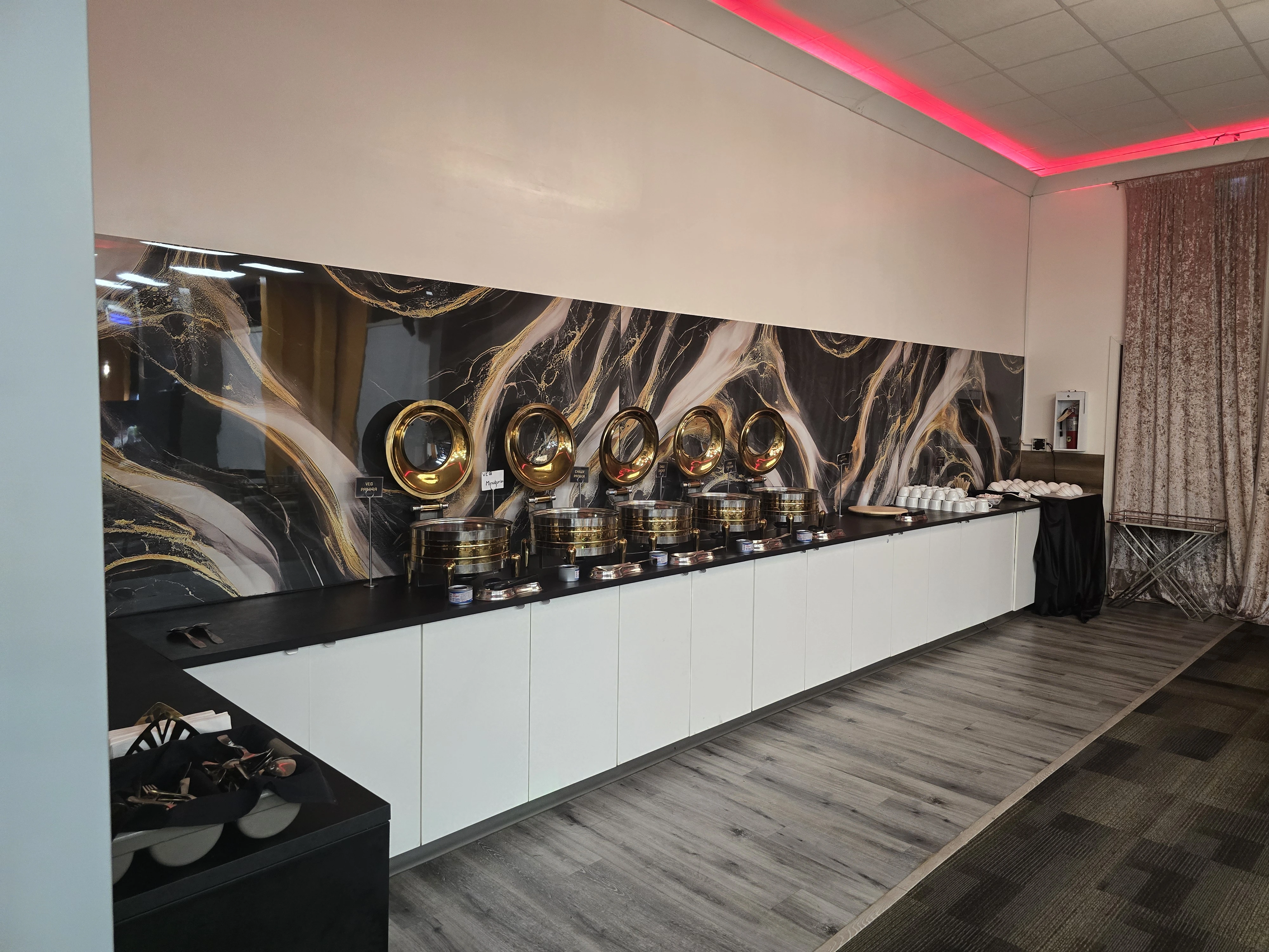Banquet hall interior at Royal Sweets And Restaurant south Edmonton ready for guests