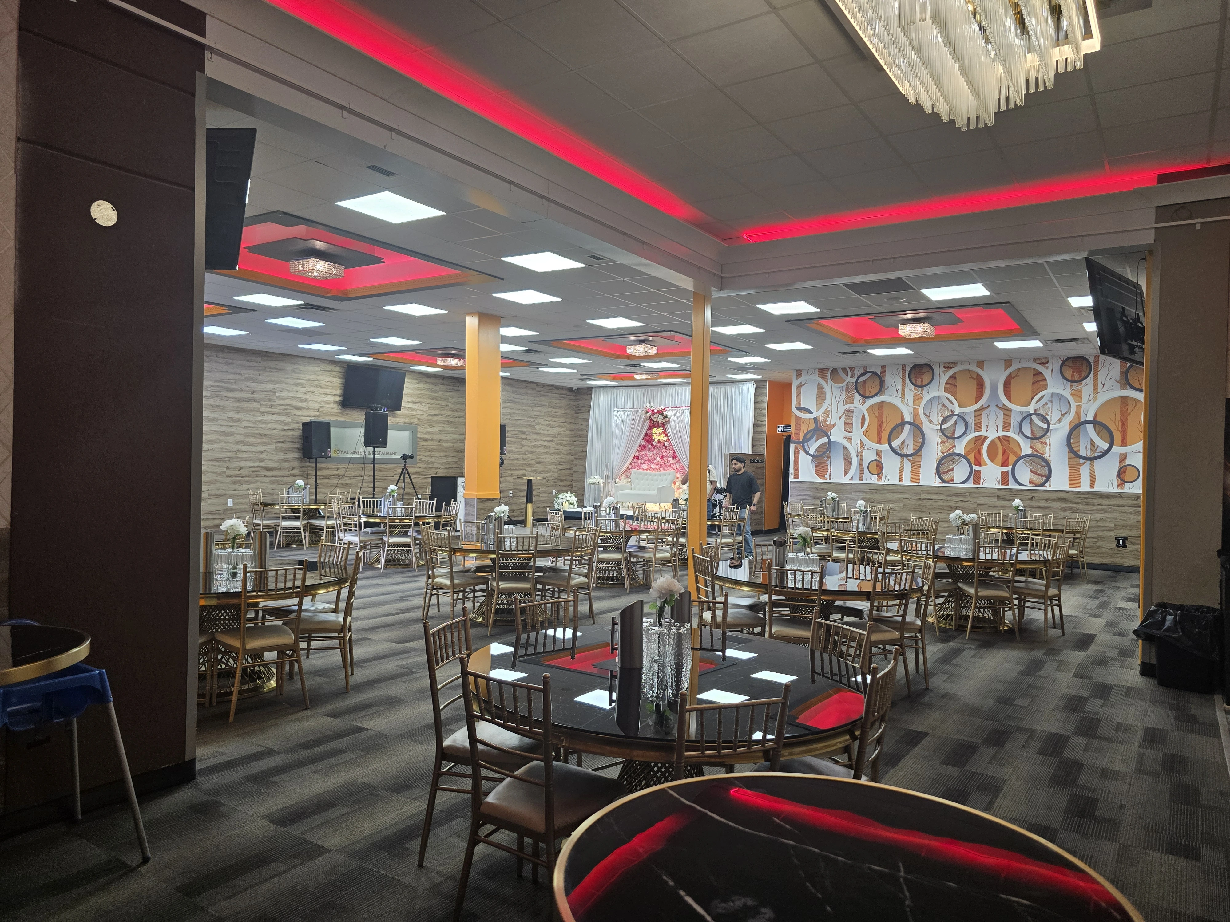 Event venue and stage area at the Royal Sweets And Restaurant banquet hall in Edmonton